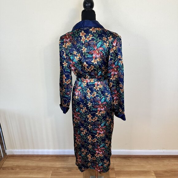 Vtg Womens Floral Satin Robe Belt Navy Blue Medium Pockets Tie Long - Picture 3 of 8